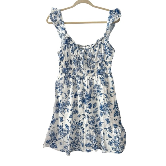 Popular 21 Large White Blue Floral Butterfly Mini Dress Cotton Boho Cottagecore - Picture 1 of 5